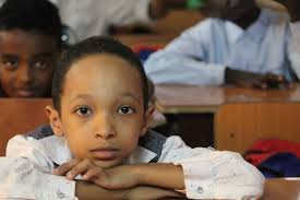 A young pupil seated at his desk in class